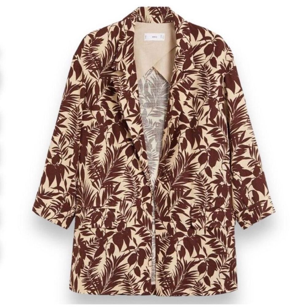 MNG Mango NWT Women’s Tropical Linen Blend Boyfriend Blazer Longline Brown XS‎